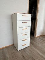 Kommode Weiss mit Holzabdeckung, Holzgriffe, 6 Schubladen
