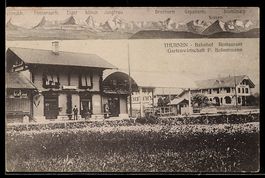 AK Mühlethurnen, Bahnhof und Restaurant mit Gartenwirtschaft