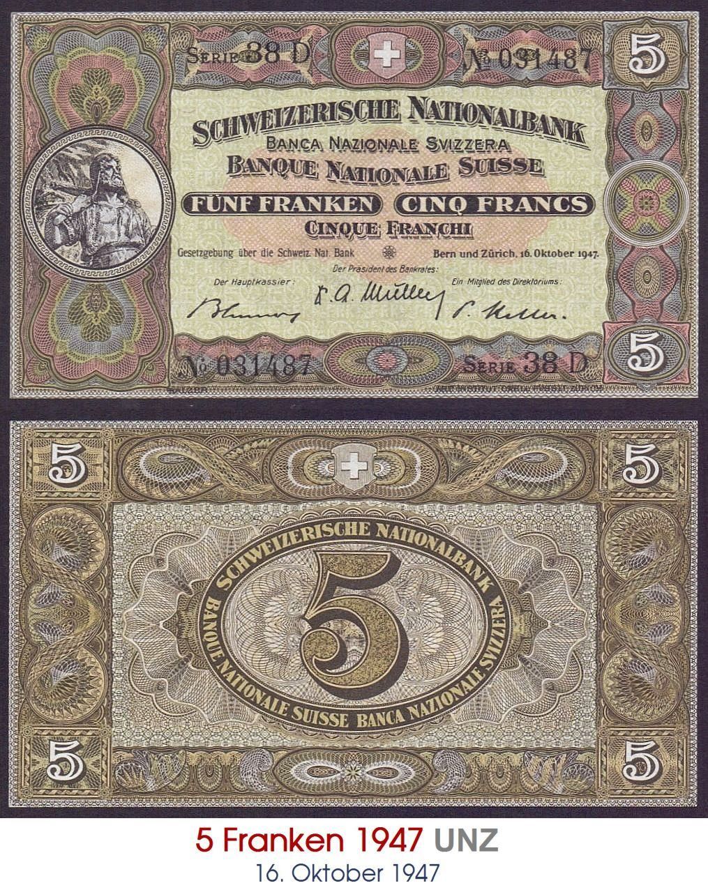 Banconote: 5 Franken 1947 perfekt UNZ – Nuovo (secondo la descrizione) da Flamatt venduto da samowarow