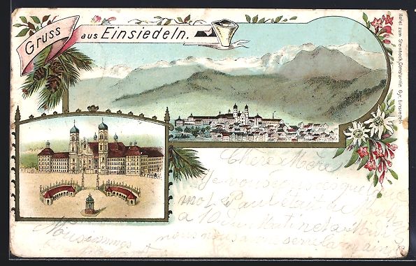 Cartoline postali: Litho Einsiedeln, Ansicht des Klosters,  – Usato da Berlin venduto da bartko-reher