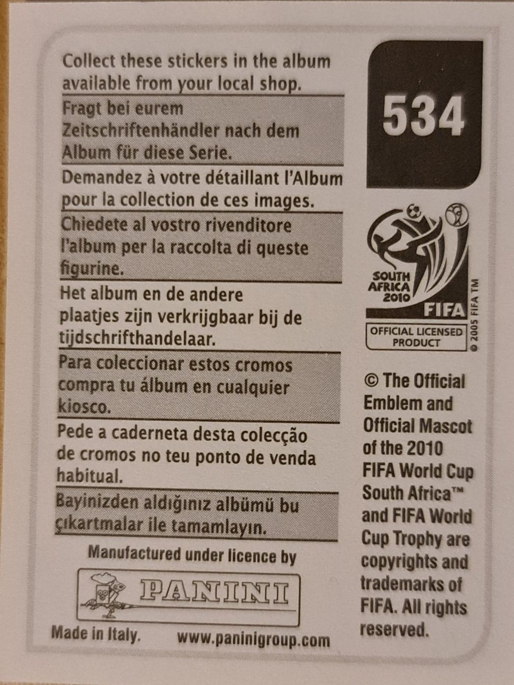 Panini Sammelbilder & Trading cards: Panini WM 2010 Nr. 534 – Neu (gemäss Beschreibung) aus Dintikon von Prime-shop 1
