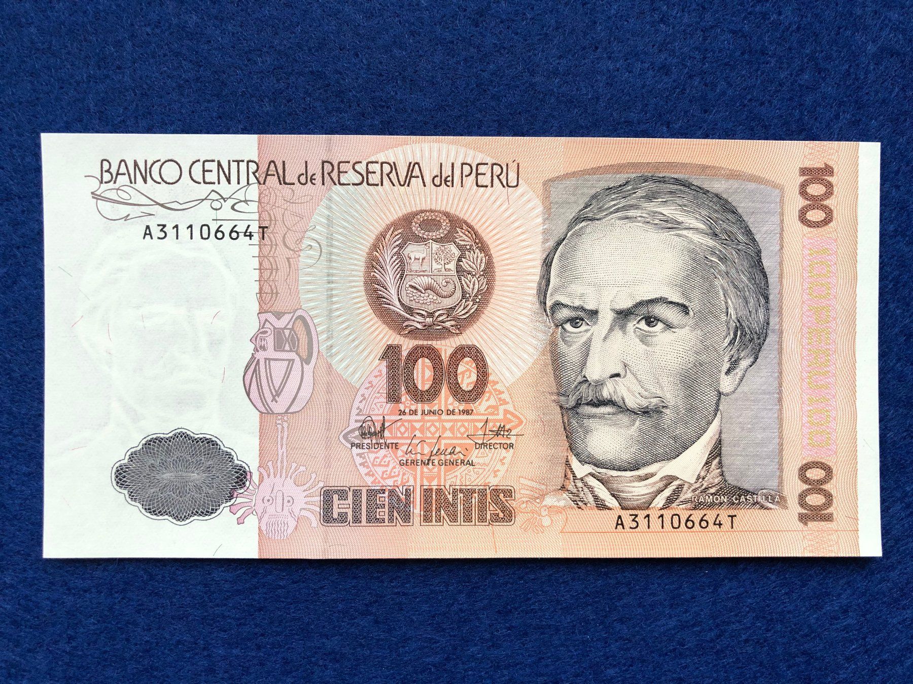 Banconote: Peru 1987 - 100 Intis UNC - Weberin – Nuovo e nell'imballaggio originale da Pfäffikon SZ venduto da Sieben77 1