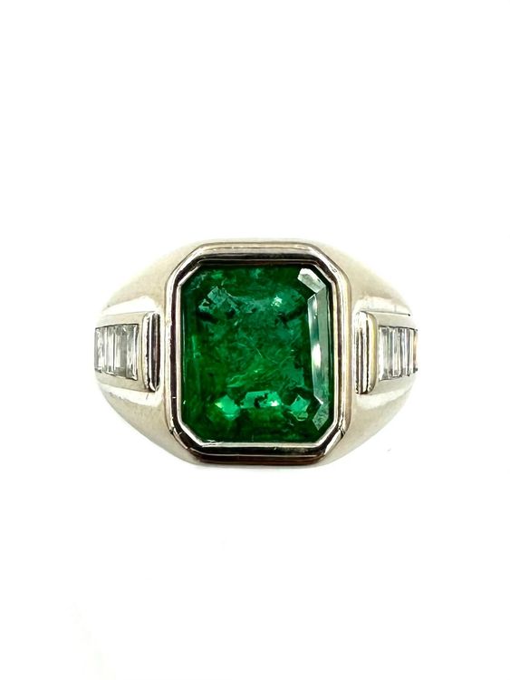 Bague En Or Blanc 18 Carats - Sertie D'une émeraude Et De Diamants - Taille 52/53 - Occasion Parfait état