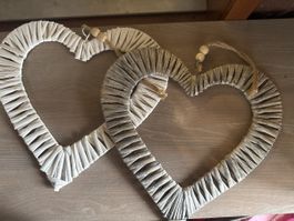 2 Deko-Herzen Shabby Chic Landhaus Weidenherz weiss grau Vin