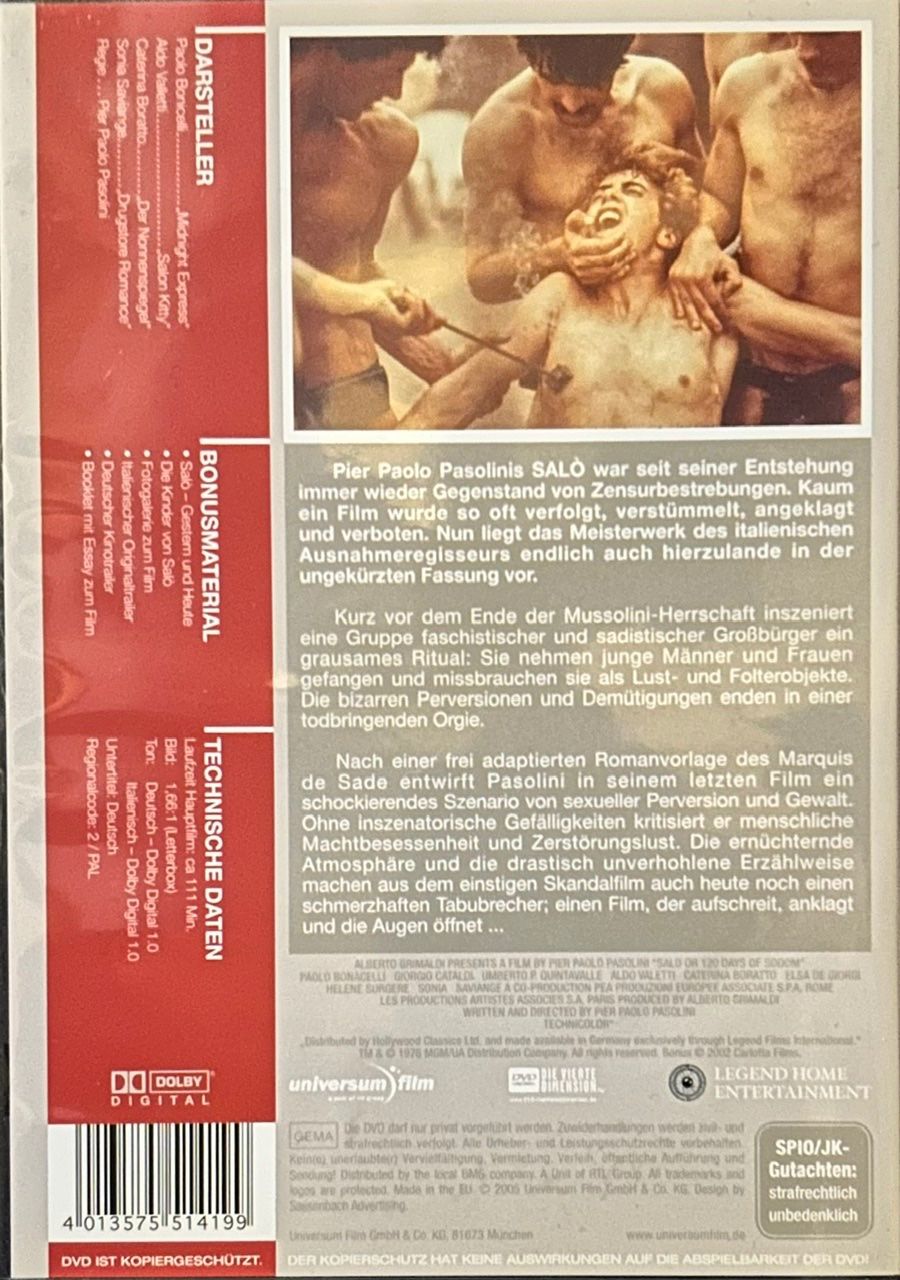 Tutti i DVDs: Pasolini - 120 Tage von Sodom - DVD- Ungeschnittene Version – Nuovo (secondo la descrizione) da Erlinsbach SO venduto da 400_n956 1