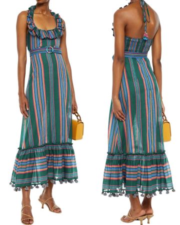 ZIMMERMANN Ruffled Striped Cotton Halterneck Maxi Dress 0/XS