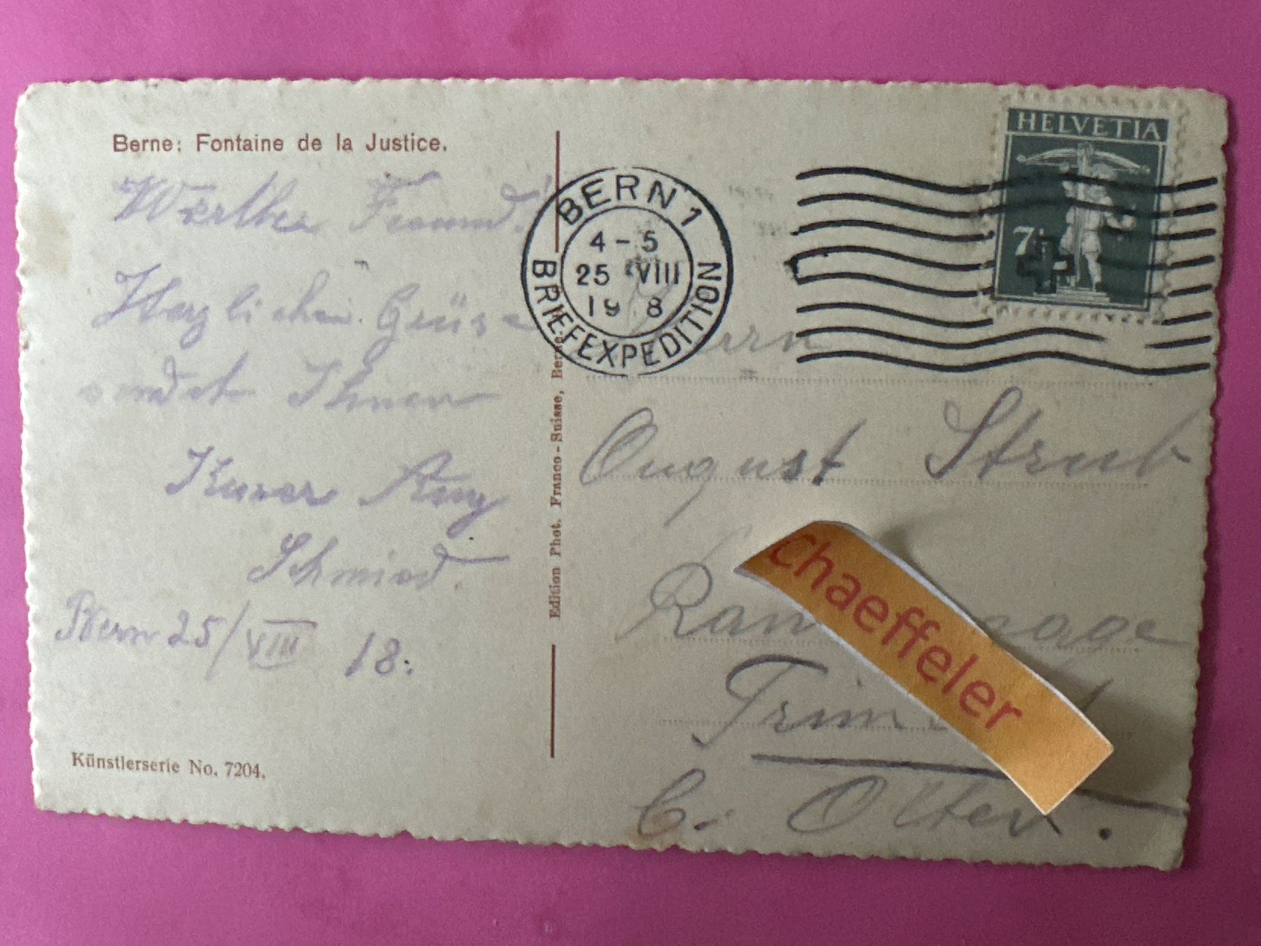 Cartoline postali: 1918 Bern: Gerechtikeitsbrunnen – Usato da Zürich venduto da Chaeffeler 1