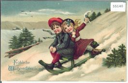 Fröhliche Weihnachten - Joyeux Noël - 2 Kinder Schlitten
