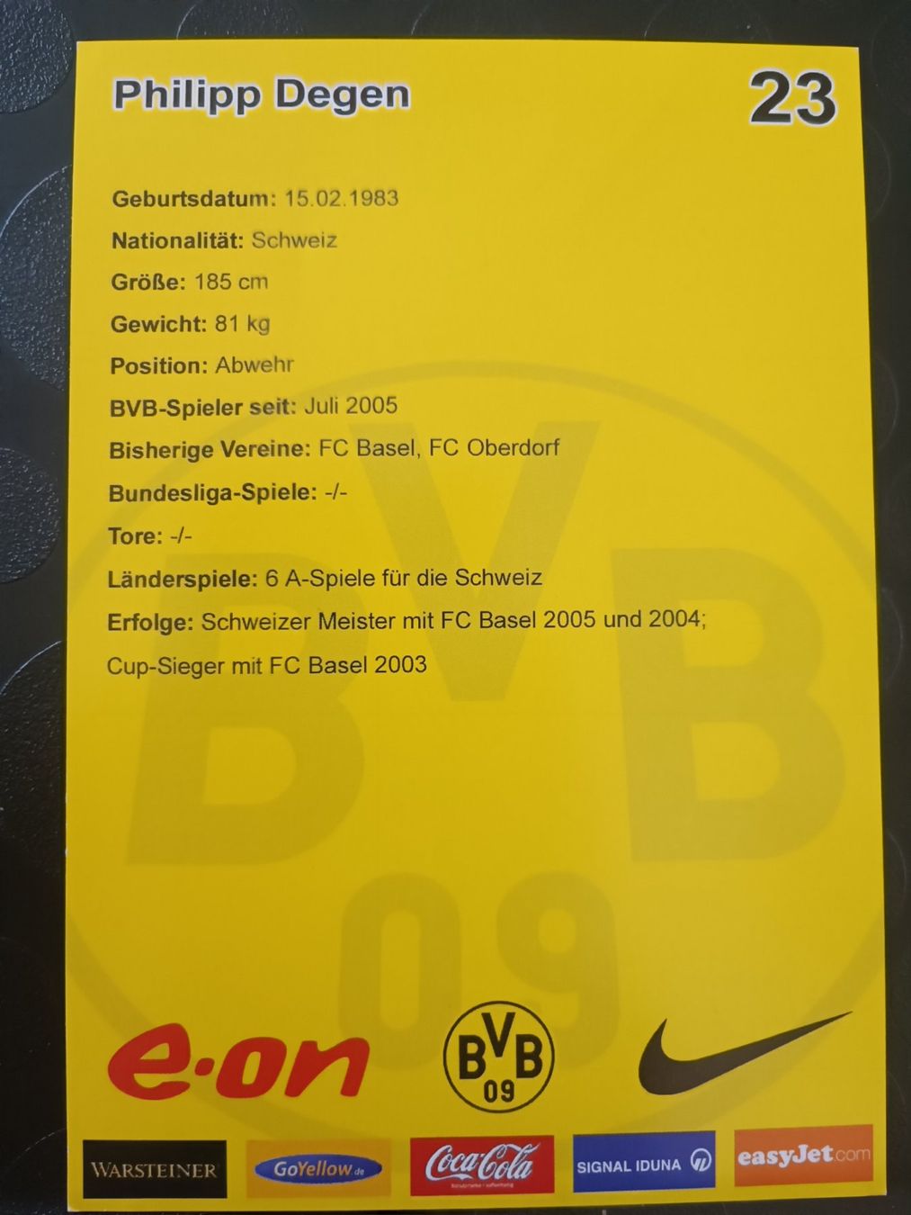 Autografi: Philipp Degen - handsigniert BVB - Borussia Dortmund – Usato da Menziken venduto da Artographs 1