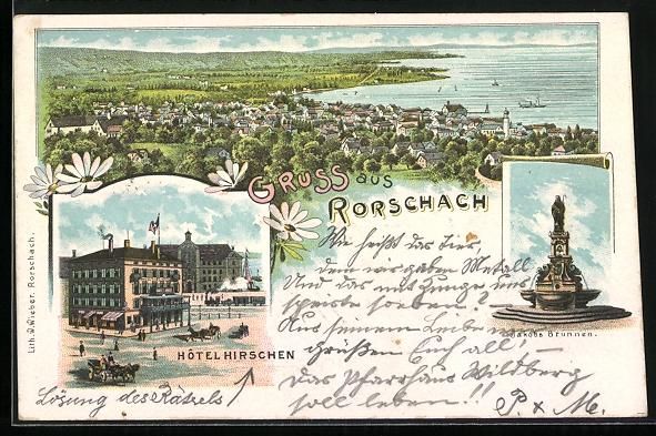 Cartoline postali: Litho Rorschach, Hotel Hirschen, Jakobs  – Usato da Berlin venduto da bartko-reher