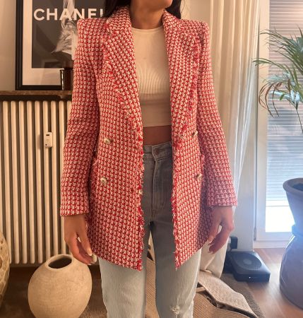 Zara Bouclé-Blazer Rot/Weiß – Gr. S