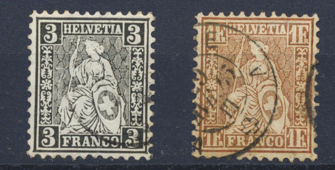 Tutti i francobolli: Sitzende Helvetia 29und 36 a gestempelt – Usato da Roggwil BE venduto da Stampdealer3