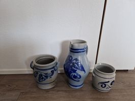 Steingut Krug und Becher mit blauem Dekor, 3-teiliges Set