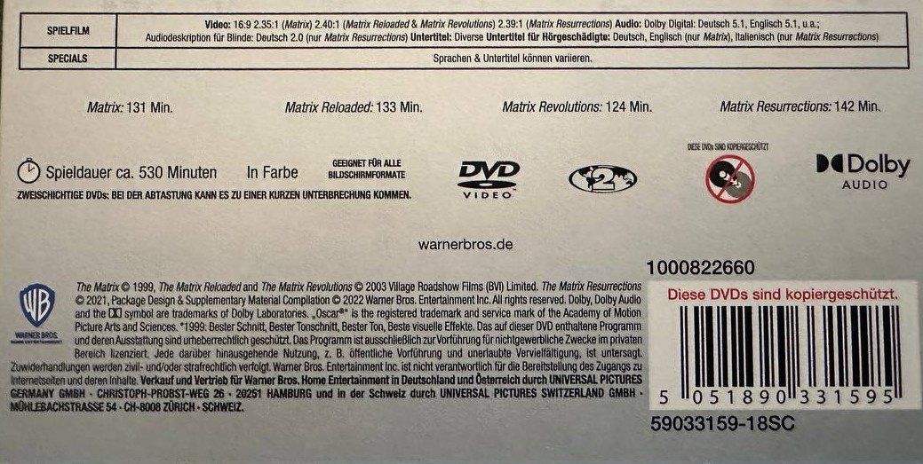 Tutti i DVDs: Matrix 4-Film Deja Vu Collection DVD – Usato da Beringen venduto da Mantafisch1 2