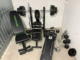 Komplettes Home-Gym Set (80kg Gewichte, 3 Bänke, Stangen)