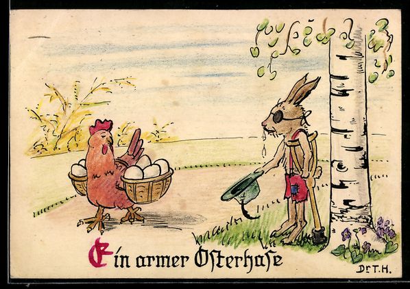 Ansichtskarten: Handgemalt: Armer Osterhase am Wegesrand – Gebraucht aus Berlin von bartko-reher