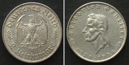 DRITTES REICH 2 Mark 1934 F, FRIEDRICH SCHILLER, Silber vz+