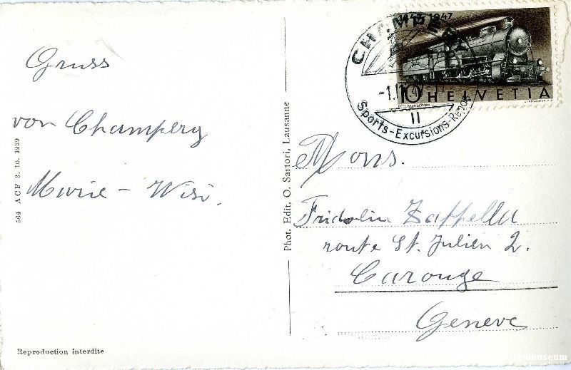Cartoline postali: Champery - vue générale + 1947 – Usato da Emmenbrücke venduto da teestube 1