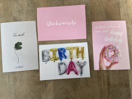 4 Geburtstagskarten Glückwünsche Luftballons Kleeblatt etc.