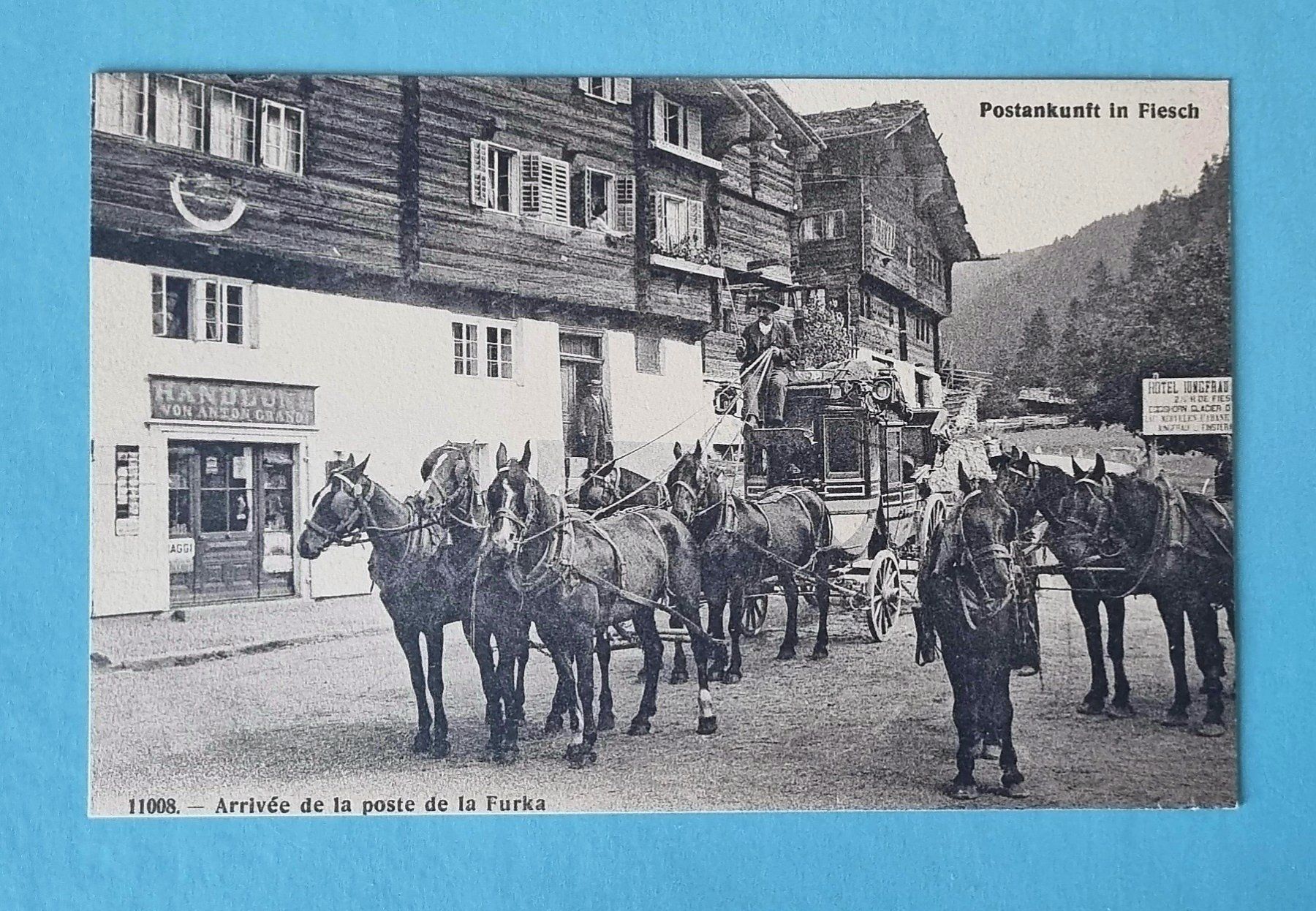 Cartoline postali: Fiesch - Ankunft der Post - Furkapost - 1907 – Usato da Rothrist venduto da RROENK