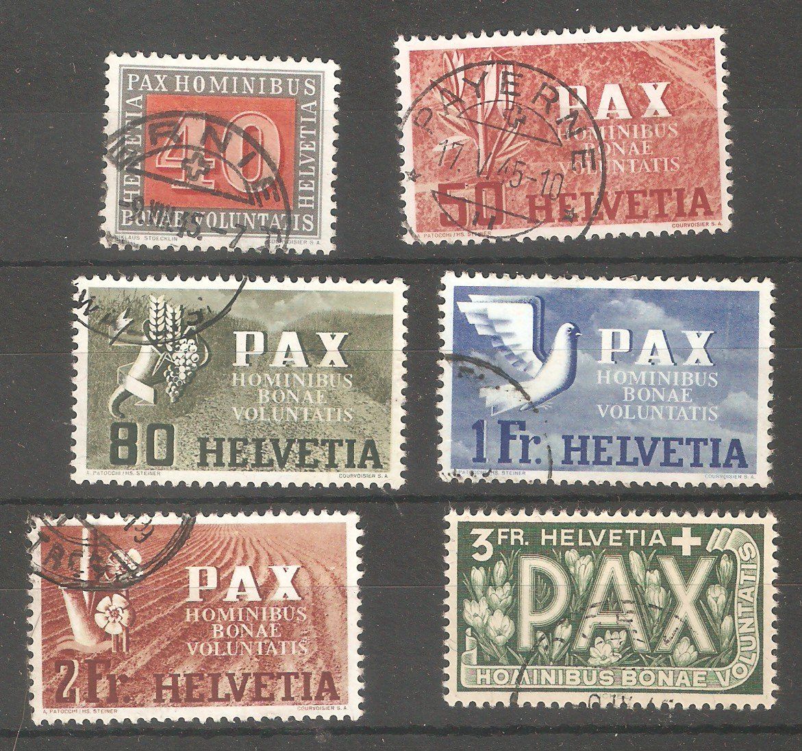Alle Briefmarken: PAX 40-50-80-1Fr.-2Fr.-3Fr. gest. – Gebraucht aus Lausanne von Whorvath