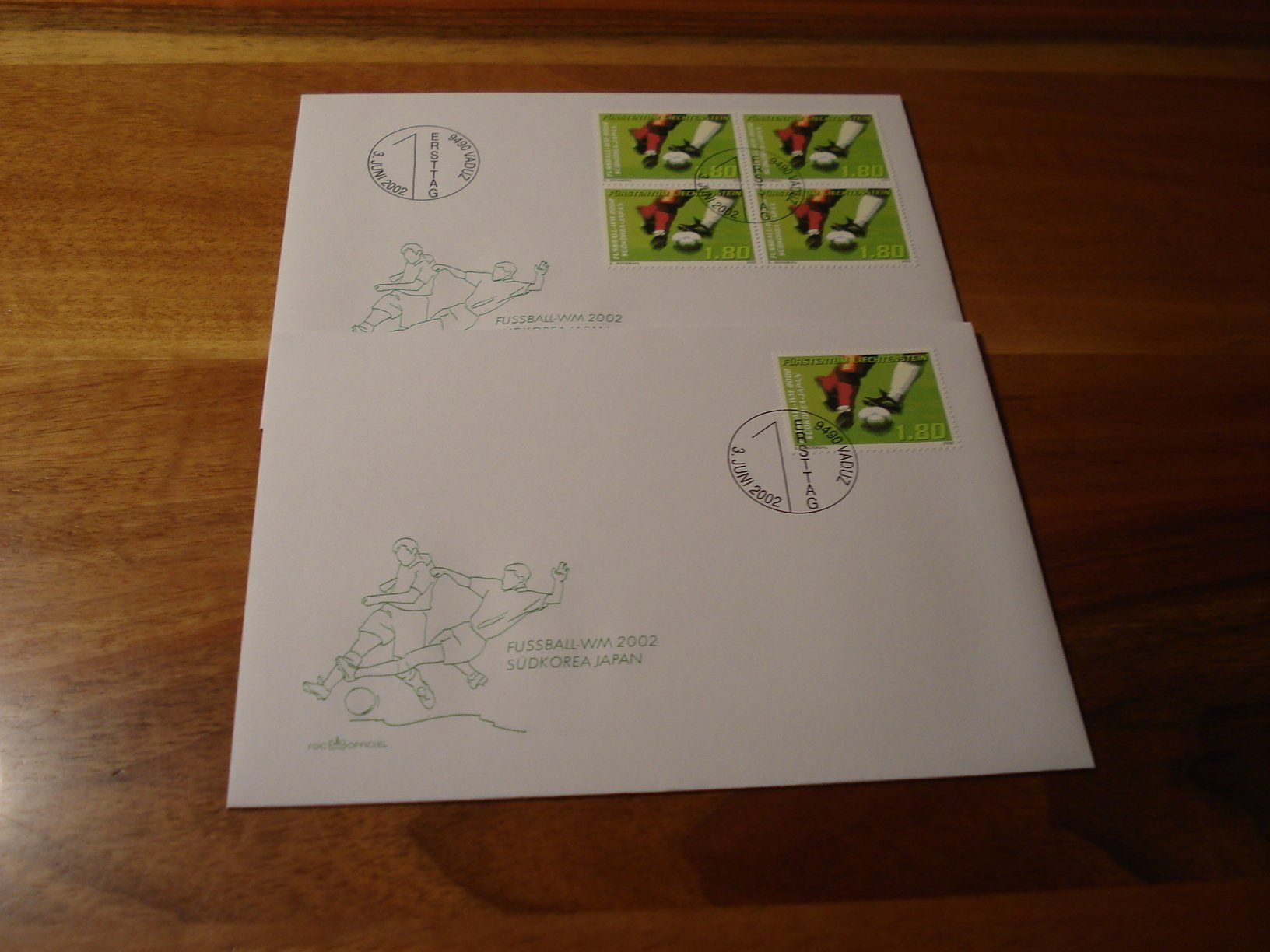 Alle Briefmarken: Liechtenstein 2002, Fussball, FDC  Einzel + 4erblock – Gebraucht aus Niederwil AG von morostahu 1