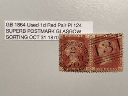 Grossbritannien 1864, 1d Red im Paar, Pl. 124,Glasgow 31.Oct