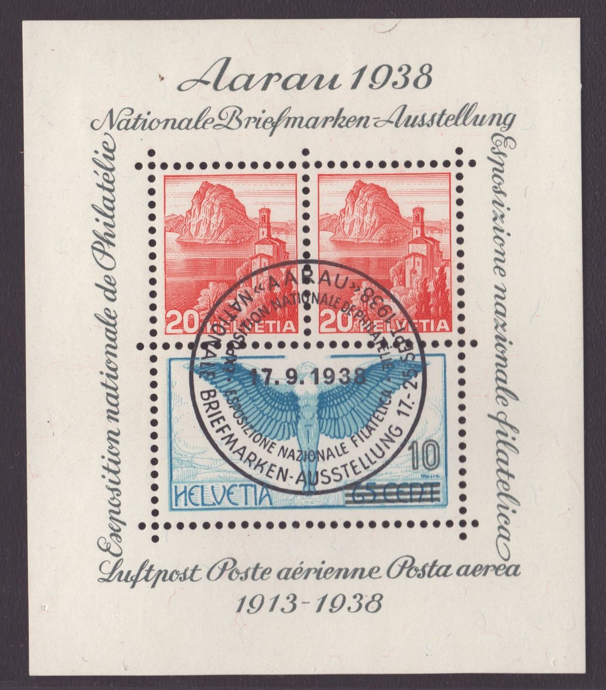 Tutti i francobolli: 1938 Bloc Aarau W11obl 17.9.1938 – Usato da Delémont venduto da Silte