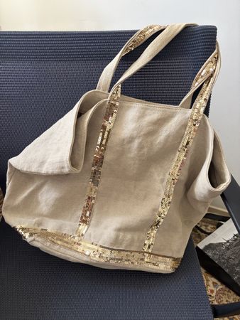 Le Cabas Vanessa Bruno Tasche Leinen mit Pailletten beige"},