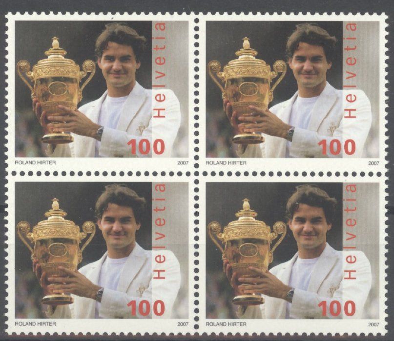 Tutti i francobolli: 2007, Sondermarke Roger Federer, Viererblöcke ** – Usato da Willisau venduto da Vollstempel