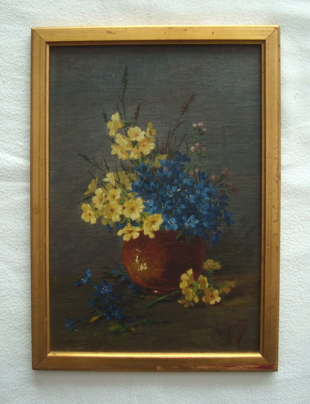Tableaux: antikes Ölgemälde Blumen Strauss in Vase , signiert – D'occasion à Oberdorf NW par Lufao