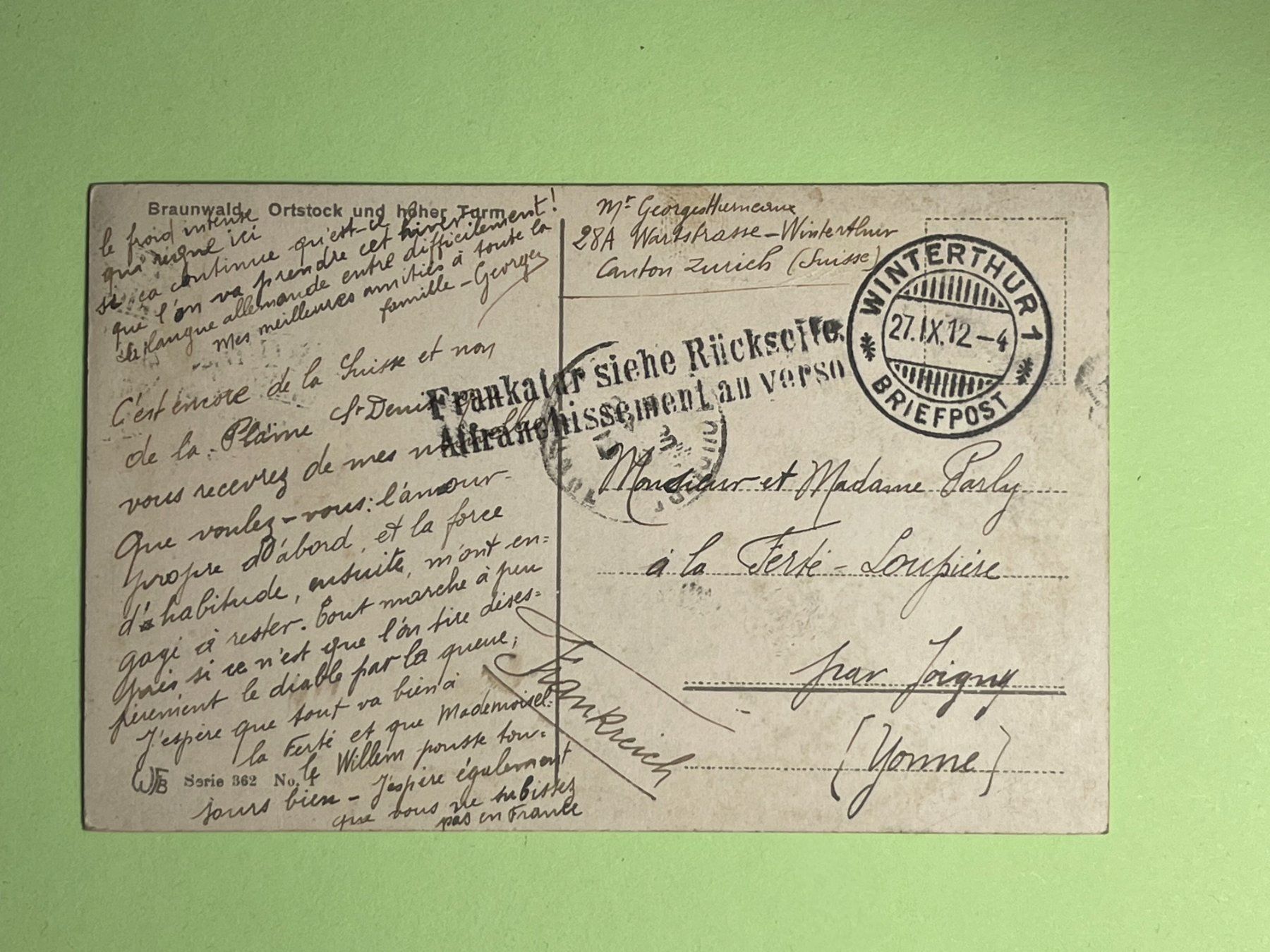 Cartes postales: Braunwald - Stempel Winterthur 1912 – D'occasion à Steg VS par danwer74 1
