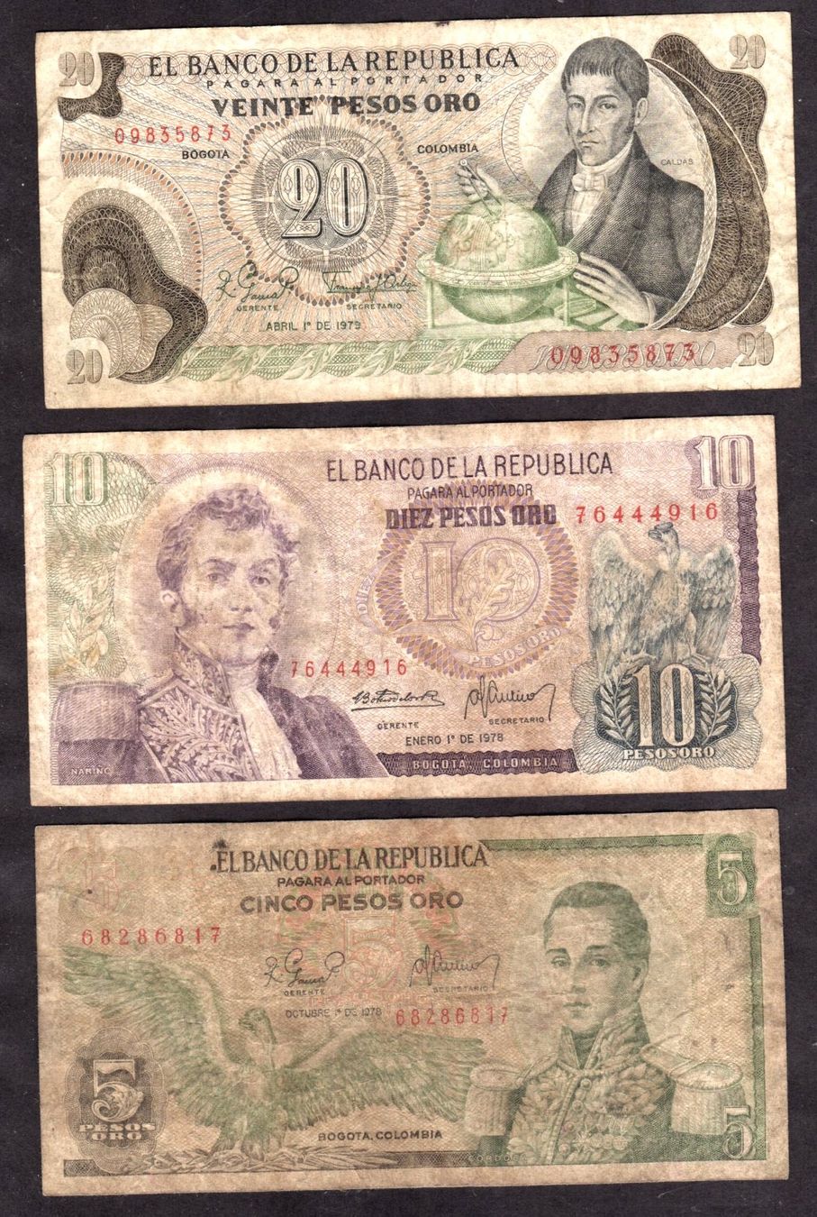 Banknoten: 3 alte gebrauchte Geldscheine der Republik Bogota – Gebraucht aus Walzenhausen von Midas17
