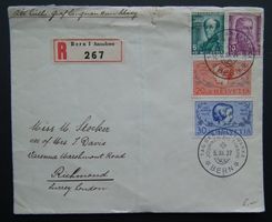 Tag der Briefmarke Bern 1937 R- Brief nach London Pro Juvent