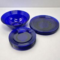 Lot Assiettes et Bol en Verre Bleu - Service 12 Pièces