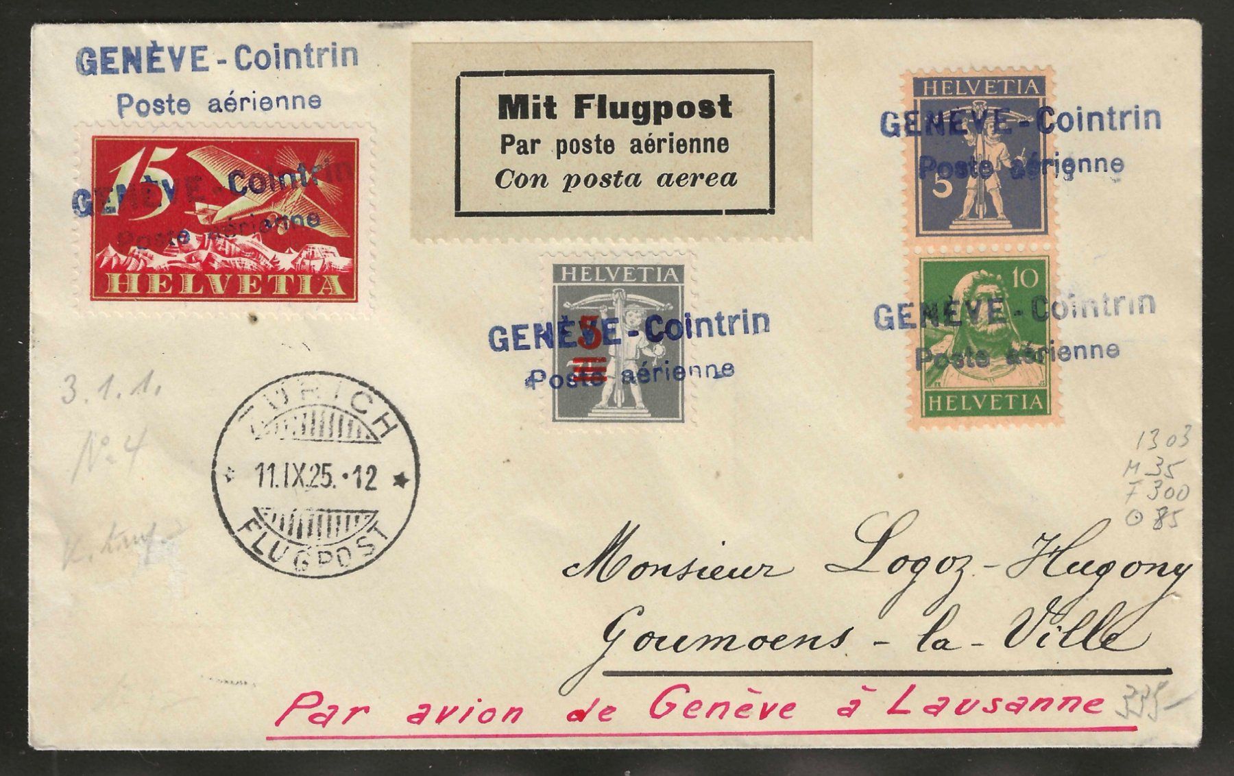 Tous les timbres: 1925 : Flugpostbrief Genève -Contrin : KP 335.-- – D'occasion à Gümligen par Geniusbuy