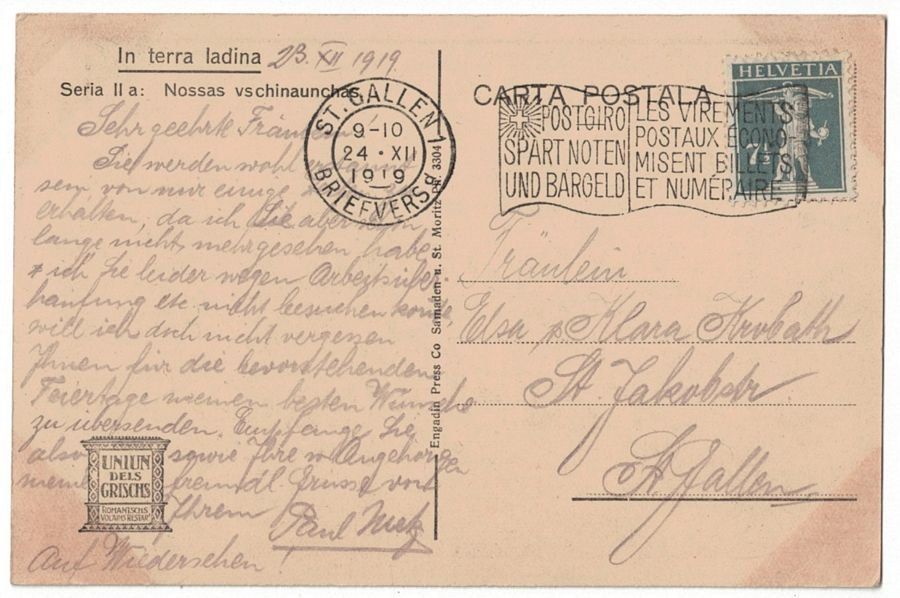Cartoline postali: S-chanf, gelaufen 1919 – Usato da Frauenfeld venduto da POML 1