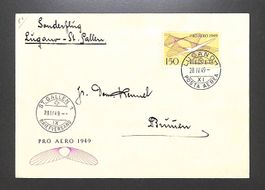 1949 Flugpost F45 Sonderflug LUGANO - St. Gallen illustriert