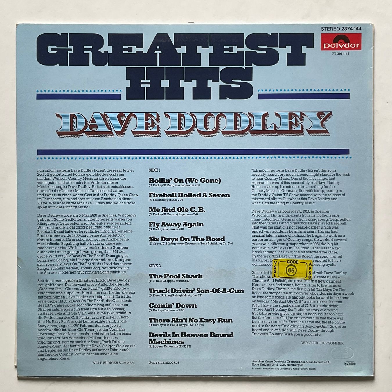 Dischi in vinile: Dave Dudley | Greatest Hits | 1977 – Usato da Hasle b. Burgdorf venduto da Zappizepp 1
