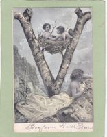 Kitsch Kunst Frau Kinder Engel Nest 1905