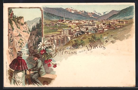 Cartoline postali: Litho Davos, Ortsansicht im Sommer, Wand – Usato da Berlin venduto da bartko-reher