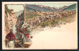 Litho Davos, Ortsansicht im Sommer, Wand