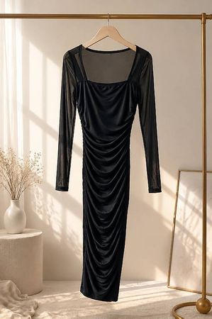 Elegantes schwarzes Damenkleid mit Mesh-Ärmeln | Größe S  