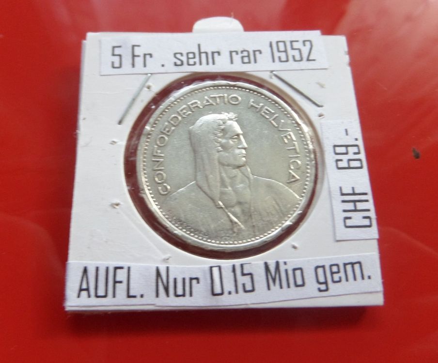 Sehr rar CH 5 Fr. 1952 SILBER Aufl. nur 0.15 Mio gemacht (Gebraucht) in ...