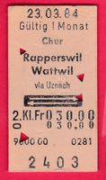 KARTON BILLETT, CHUR - WATTWIL, 2.KLASSE, RETOUR