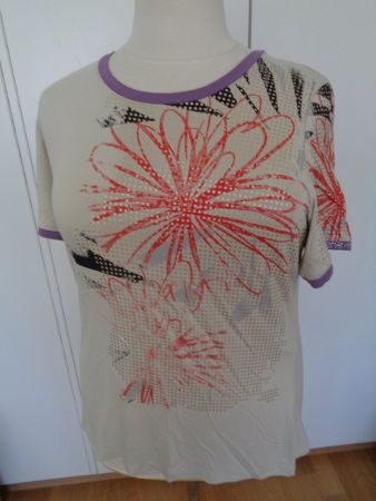 T-shirt crème, bord. violet T. 48, 50