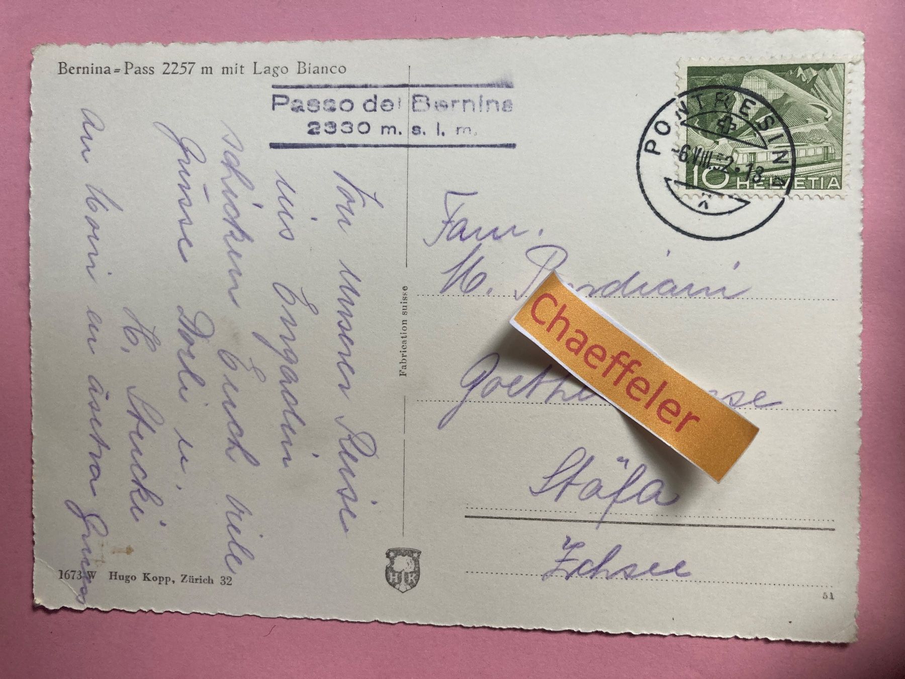 Cartoline postali: 1952 Bernina-Pass mit Lago Bianco – Usato da Zürich venduto da Chaeffeler 1