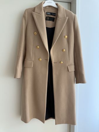 Camel Beige Wollmantel Zara Gold-Knöpfe Grösse XS – NEU