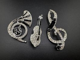 3 Vintage/Retro Broschen – Musikinstrumente mit Strass