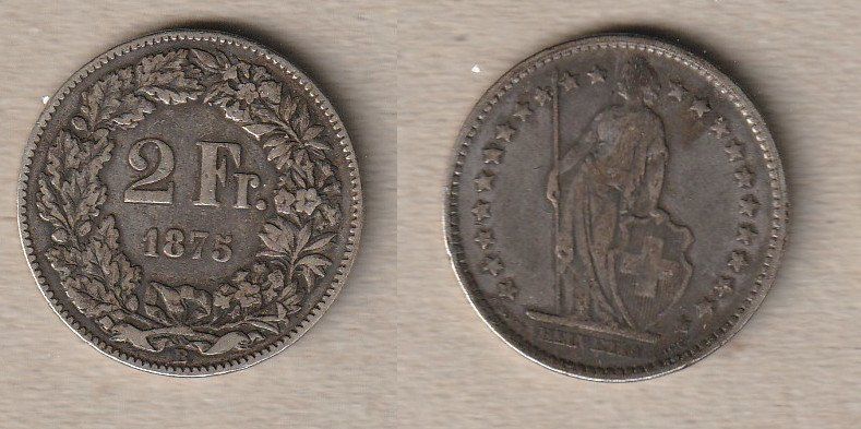 Alle Münzen: 2 Franken 1875 – Gebraucht aus Allschwil von Coinfreak